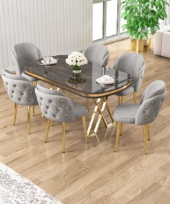Canisa Zae Serisi 90x168 Lak Panel Antrasit Ironi Gold Ayak Masa Takımı 6 Gri Sandalye