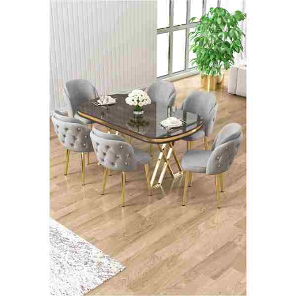 Canisa Zae Serisi 90x168 Lak Panel Antrasit Ironi Gold Ayak Masa Takımı 6 Gri Sandalye