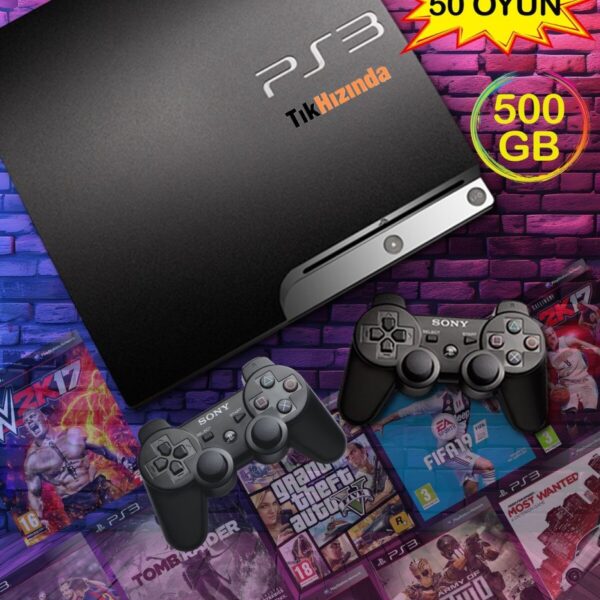 AST Sony Playstation 3 Slim 500 Gb ( Yenilenmiş ) 2 Kablosuz Kol 50 Dijital Oyun Garantili Ürün