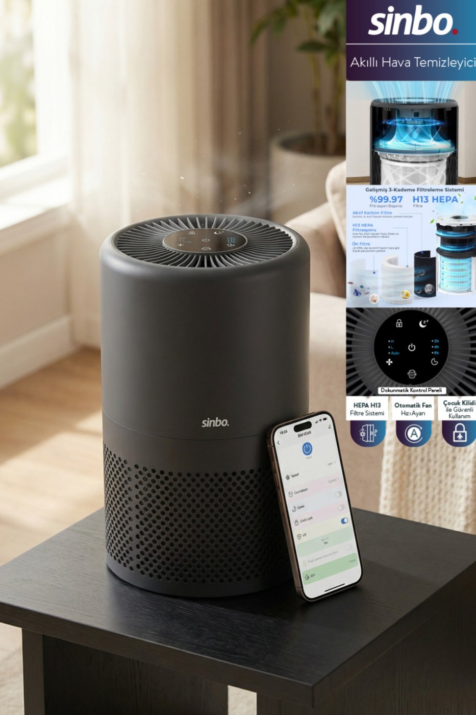 Sinbo SAP-5508 Akıllı H13 Hepa Filtreli Wifi Özellikli Akıllı Hava Temizleyici