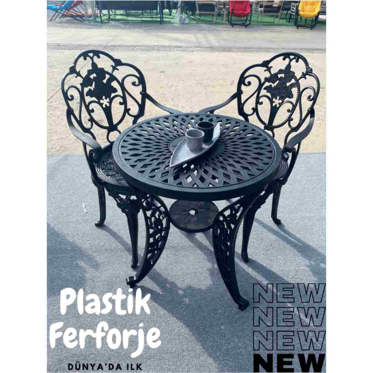 IVF Isparta Model Ferforje Görünümlü 60 Cm Çap Plastik Masa Ve Sandalye Balkon Takım 2 Sandalye 1 Masa - Görsel 5