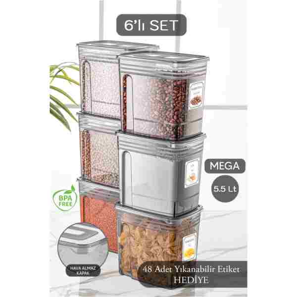 Meleni Home 6'lı Lena Jumbo Set- Un Ve Bakliyat Şeker Erzak Saklama Kabı - Dolap Kiler Düzenleyici Kutu 6x5,5 Lt