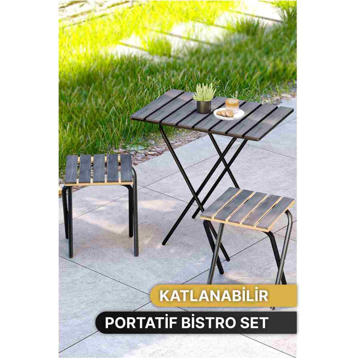 Bino Bahçe Masası Kamp Masası Yükseklik Ayarlı Masa Sandalye Bistro FÜME Kamp Masası Taburesi 3'lü Set - Görsel 3