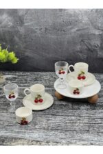 YzHome 2 Kişilik Porselen Kiraz Fincan Takımı Seti ve 2 Adet Porselen Kiraz Lokumluk ve 2 Adet Cam Bardak - Görsel 5