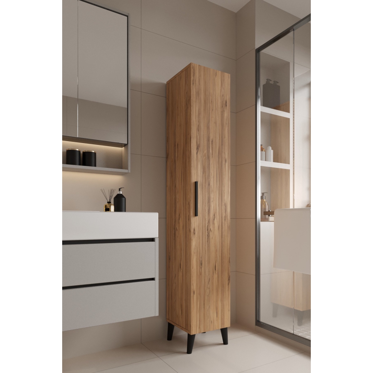 AYMOBSAN Mundo Tek Kapılı Banyo Dolabı Çok Amaçlı Dolap - Beyaz - Görsel 5
