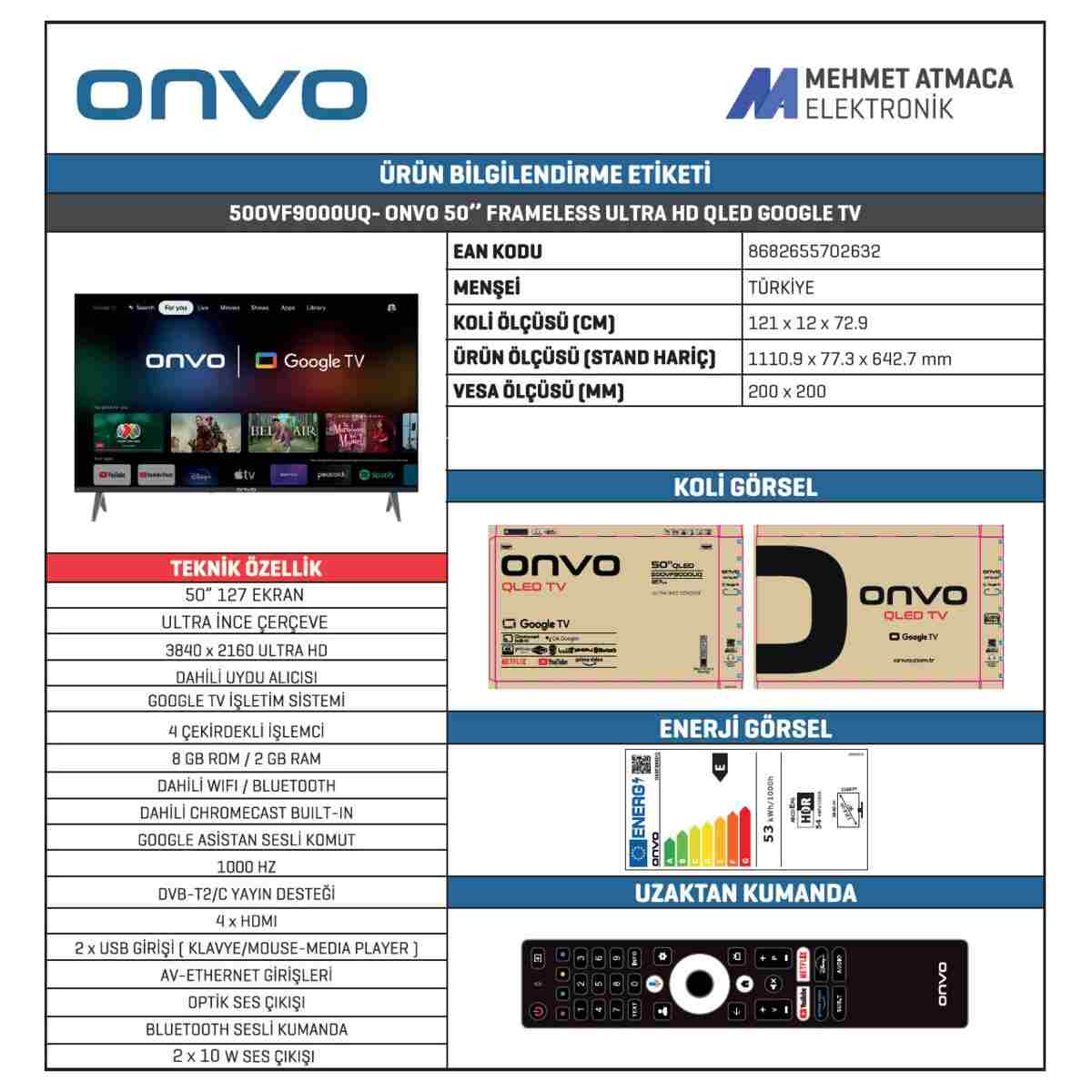 ONVO 50ovf9000uq 50'' 127 Ekran Uydu Alıcılı 4k Ultra Hd Qled Google Smart Tv - Görsel 5