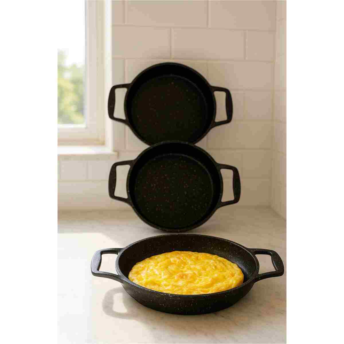 LinkaHome 3 Lü Döküm Granit Sahan Seti Tava Seti 18/20/22 Cm - Görsel 2