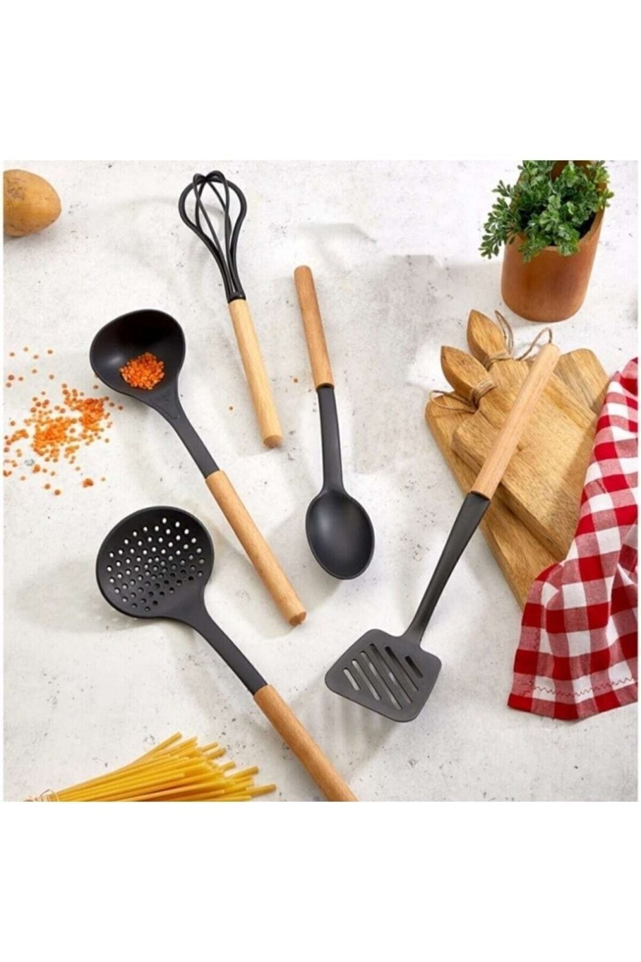 a7adda2d84eac8d50e71881d6c596cf9 Genel Markalar 5'li Çizmez Ahşap Saplı Set Kaşık,kepçe,spatula,çırpıcı,kevgir - Görsel 1