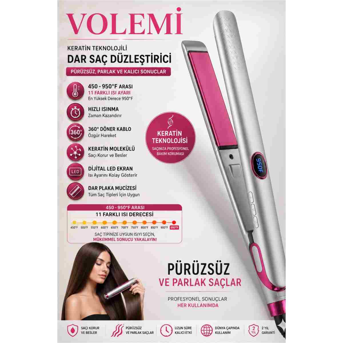 VOLEMİ Vm-004 Profesyonel Seramik Dar Plakalı Saç Düzleştirici Hızlı Isınma Dijital LED Ekran - Görsel 2