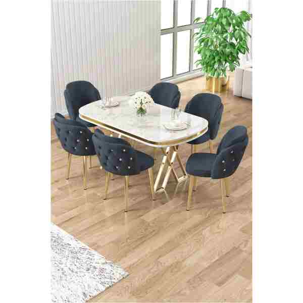 Canisa Zae Serisi 90x168 Lak Panel Beyaz Mermer Desen Gold Ayak Masa Takımı 6 Antrasit Sandalye