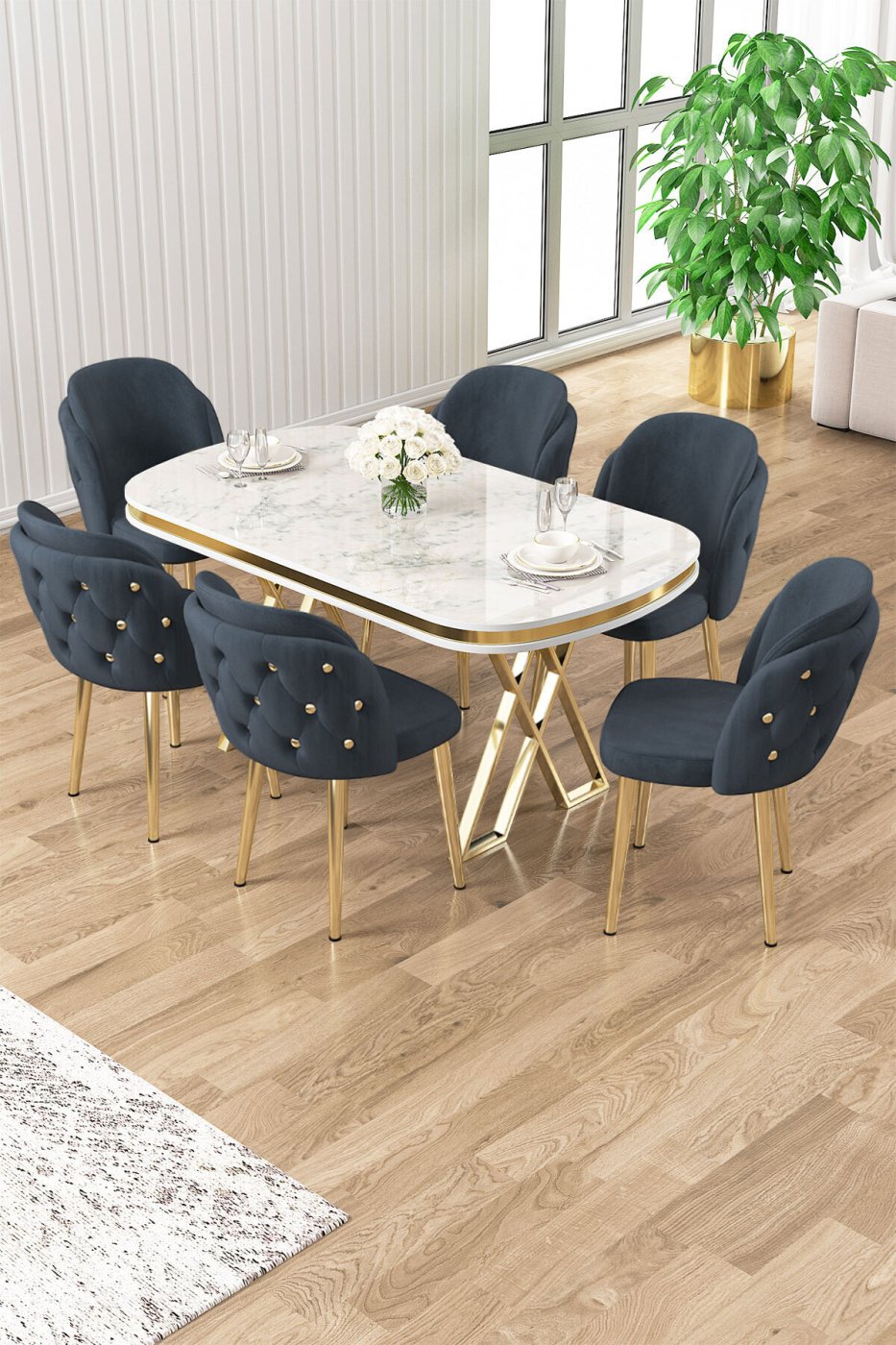 a8f56c5b8360b2fc608235e74ec4b409 Canisa Zae Serisi 90x168 Lak Panel Beyaz Mermer Desen Gold Ayak Masa Takımı 6 Antrasit Sandalye - Görsel 1