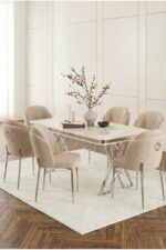 DEREN HOME Rigella Max Krom 80x130 MDF Sabit Masa Metal Ayak + 6 Adet Silinebilir Sandalye ACIK GRI - Görsel 4