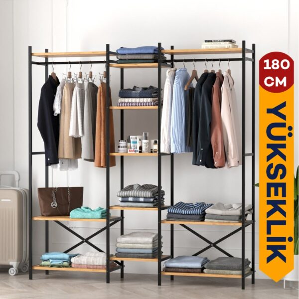 Bofigo 10 Raflı Metal Gardırop Metal Portmanto Açık Gardırop Elbise Dolabı Vestiyer Openix Çam