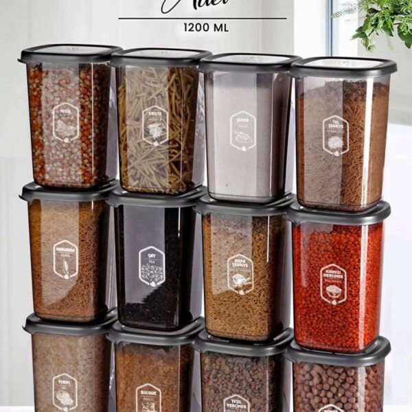 Kitchen Life 12 Li Büyük Boy Square Kare Saklama Kabı Seti 1200 ml Antrasit Etiketli Erzak Kavanoz Seti