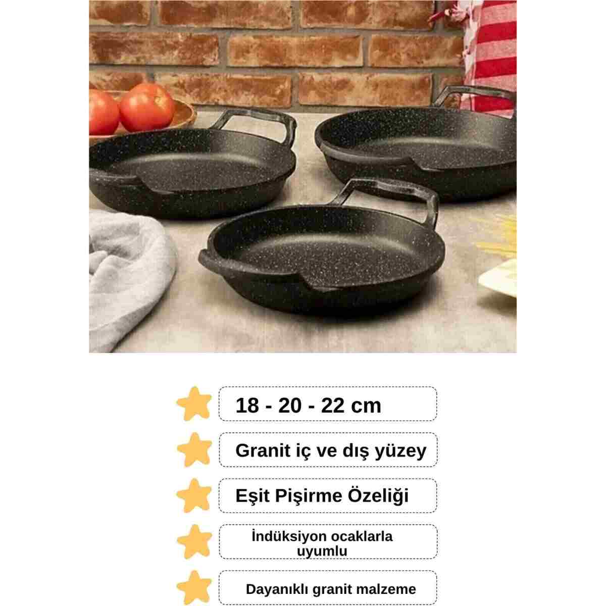 LinkaHome 3 Lü Döküm Granit Sahan Seti Tava Seti 18/20/22 Cm - Görsel 13
