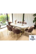 NUNKA HOME Arya Gold Line Cappuccino Serisi +6 Sandalyeli Mdf Lak Panel Beyaz Masa Takımı - Görsel 3