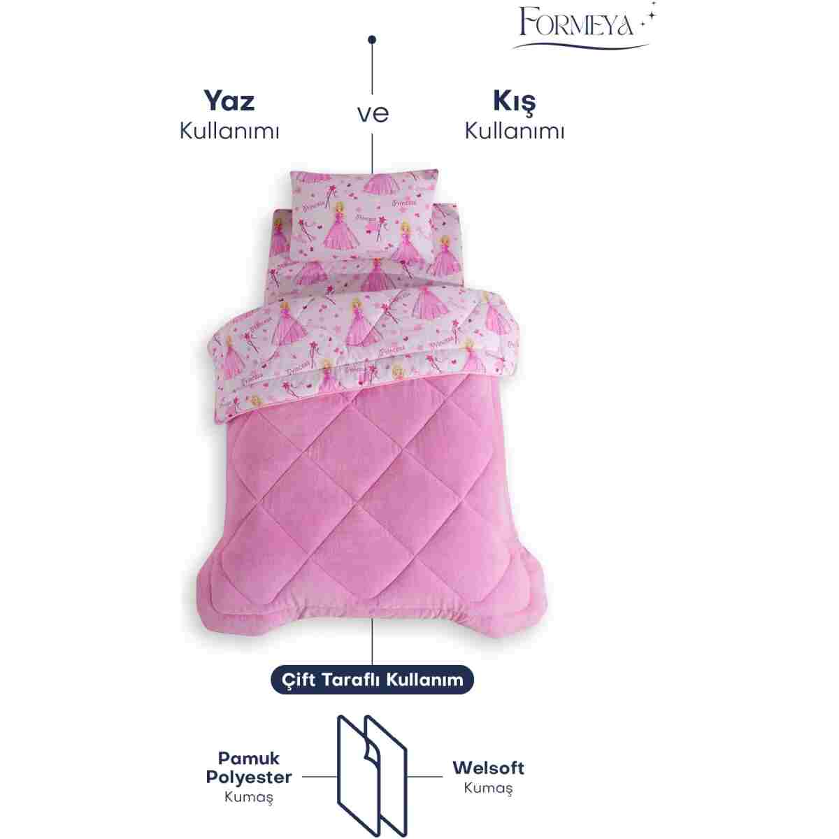 Formeya Princess Desenli Tek Kişilik Çift Taraflı Wellsoft Yorgan ve Yastık Kılıfı Seti (Çarşafsız) - Görsel 5