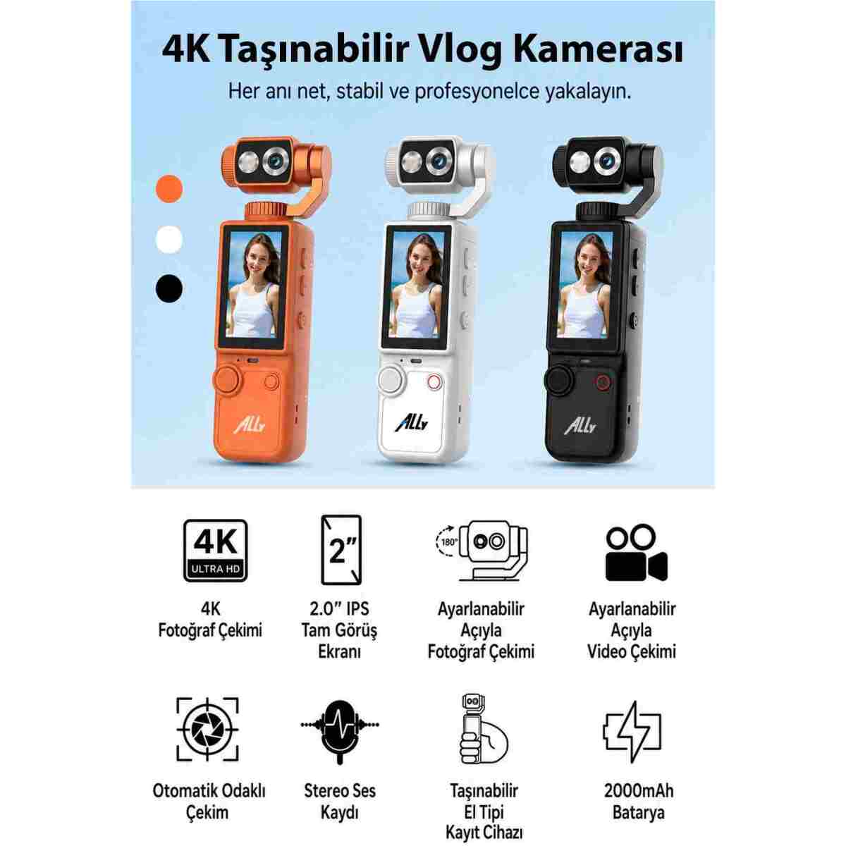 Ally Q8 PocketPro 4K Ultra HD Dijital Aksiyon ve Vlog Kamerası - Görsel 2