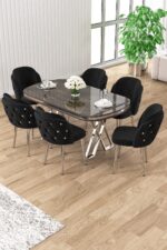 Canisa Zae Serisi 90x168 Lak Panel Antrasit Ironi krom Ayak Masa Takımı 6 Gri Sandalye - Görsel 5