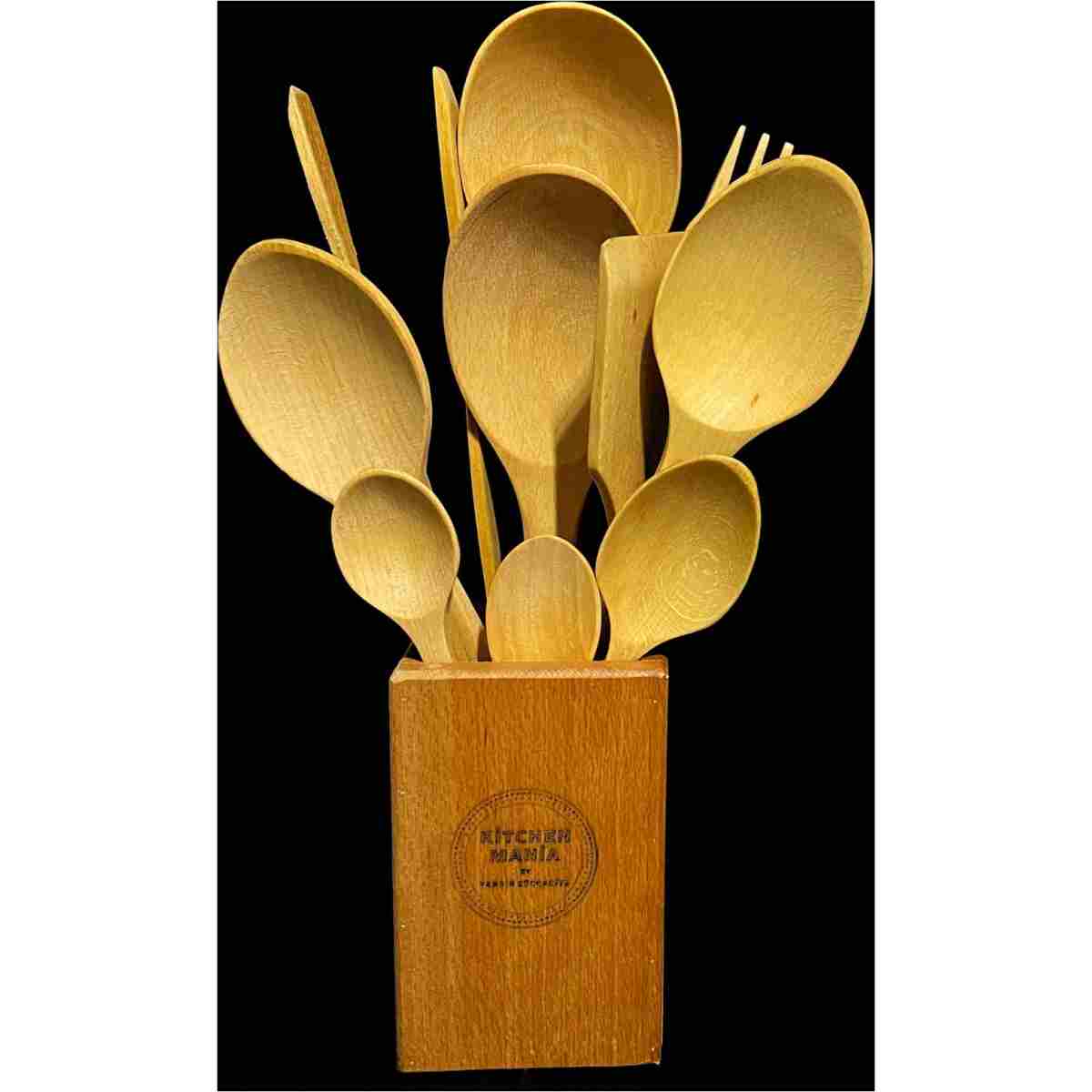 Kitchen Mania 11 Parça Yağlı Kayın Ahşap Kaşık Tahta Spatula Servis Kepçe Ağaç Çatal Maşa Seti-metal Standlı - Görsel 5