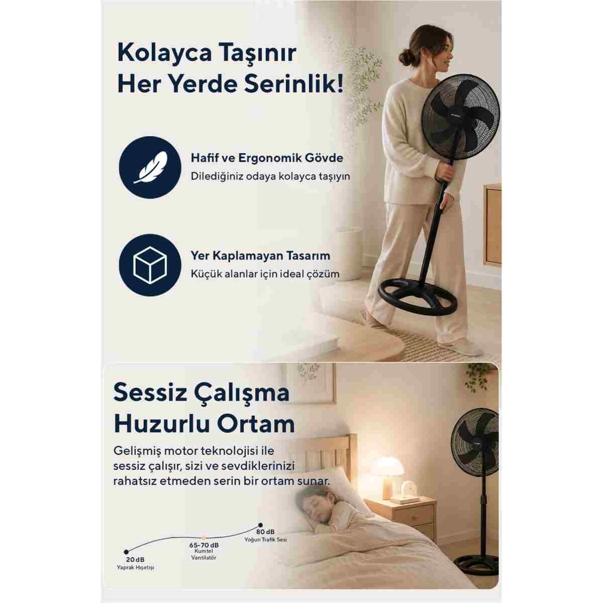 KUMTEL KTF-345 Siyah 18 İnç Ayaklı Vantilatör 60 W, 5 Pervaneli, 3 Kademeli, 132 cm - Görsel 11
