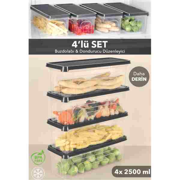 Meleni Home 4'lü Buzdolabı Düzenleyici Saklama Kabı - Derin Mikrodalga Difrize Uygun Buzluk Kabı 4x2500ml
