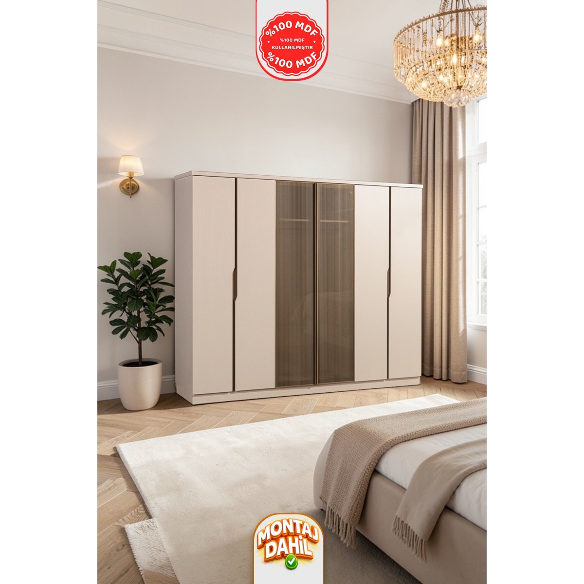 İMBAŞ Çeşme Vizon 6 Kapaklı Gardırop %100 MDF - Görsel 4