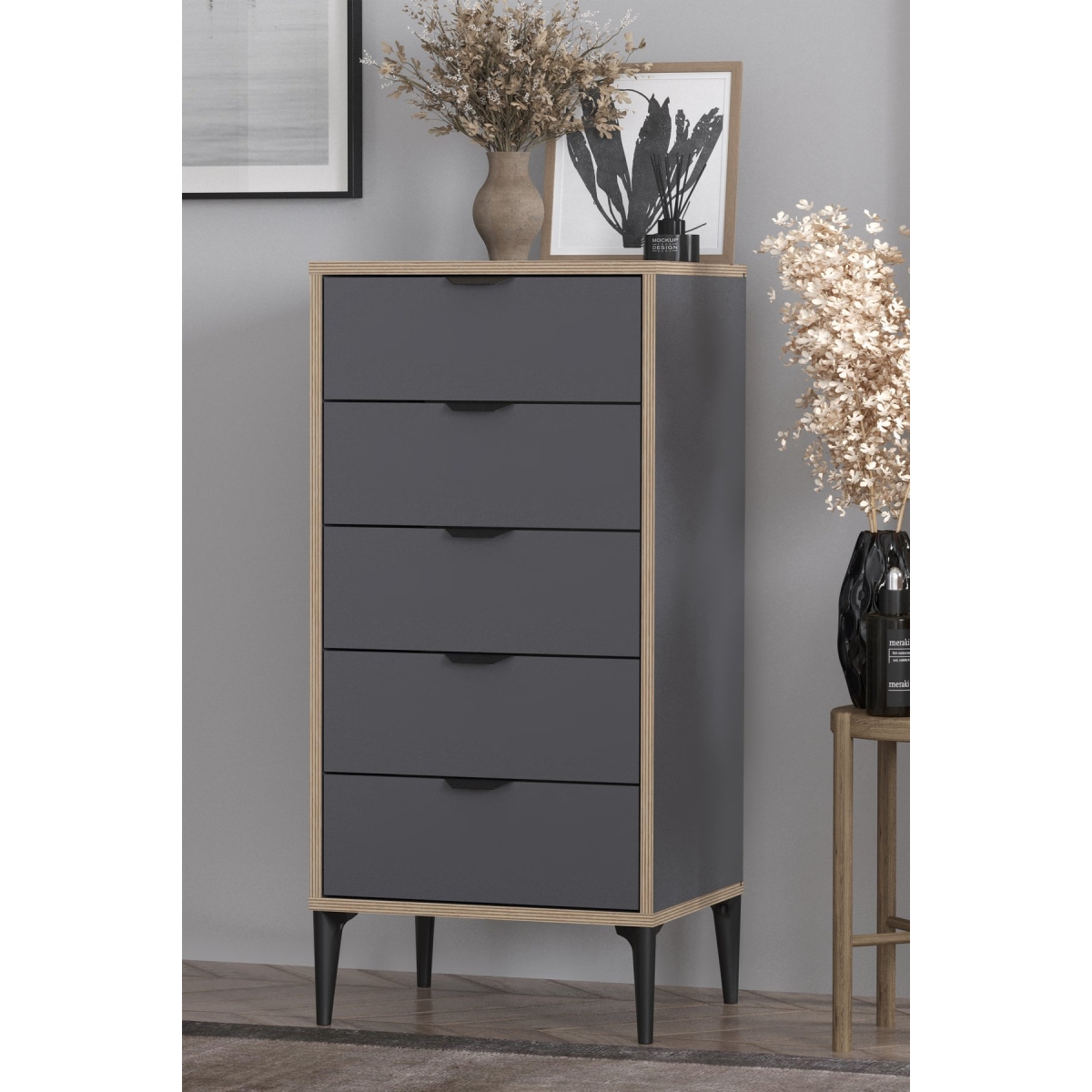 SARMOBİ Arden 5 Çekmeceli Şifonyer/Çamaşırlık 50x105x40 cm Antrasit – Modern Tasarım - Görsel 3