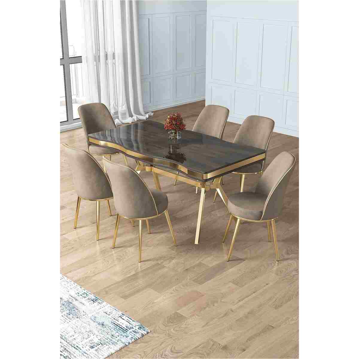 Canisa Prah Serisi 90x160 Lak Panel Antrasit Ironi Gold Ayak Masa Takımı 6 Siyah Sandalye - Görsel 5