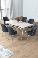 Canisa Prah Serisi 90x160 Lak Panel Beyaz Mermer Desen Krom Ayak Masa Takımı 6 Antrasit Sandalye