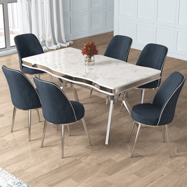 Canisa Prah Serisi 90x160 Lak Panel Beyaz Mermer Desen Krom Ayak Masa Takımı 6 Antrasit Sandalye