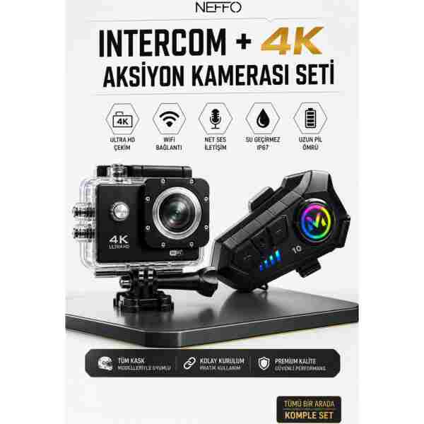 NEFFO Motorcu Seti 4K Aksiyon Kamerası + Intercom V10 – Motorcu interkom Sürüş İletişim Ve Çekim Seti
