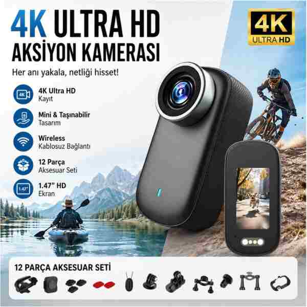 ROBEVE 4K Ultra HD Mini Aksiyon Kamerası – 1.47” HD Ekranlı Taşınabilir Wireless Vlog Kamera, 180° Döner Lens, Kablosuz Bağlantı, Fotoğraf & Video Çekimi, 12 Parça Aksesuar Setli Kompakt Cep Kamerası