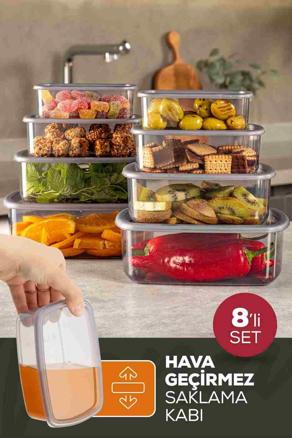 b1732e997ab51174a4c75e179ab58dfc Vienev 8'li Hava Geçirmez Saklama Kabı Seti Antrasit 2x(250-500-750-1200 ML) - Görsel 1