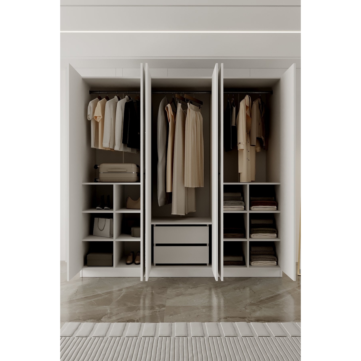 AEKA AE-2191 Hisar Beyaz/Beyaz Aynalı 6 Kapaklı Çok Bölmeli Askılı ve Raflı Geniş Hacimli Gardırop 210x210 cm - Görsel 4