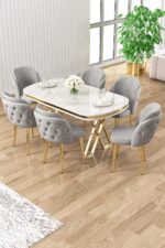 Canisa Zae Serisi 90x168 Lak Panel Beyaz Mermer Desen Gold Ayak Masa Takımı 6 Antrasit Sandalye - Görsel 5