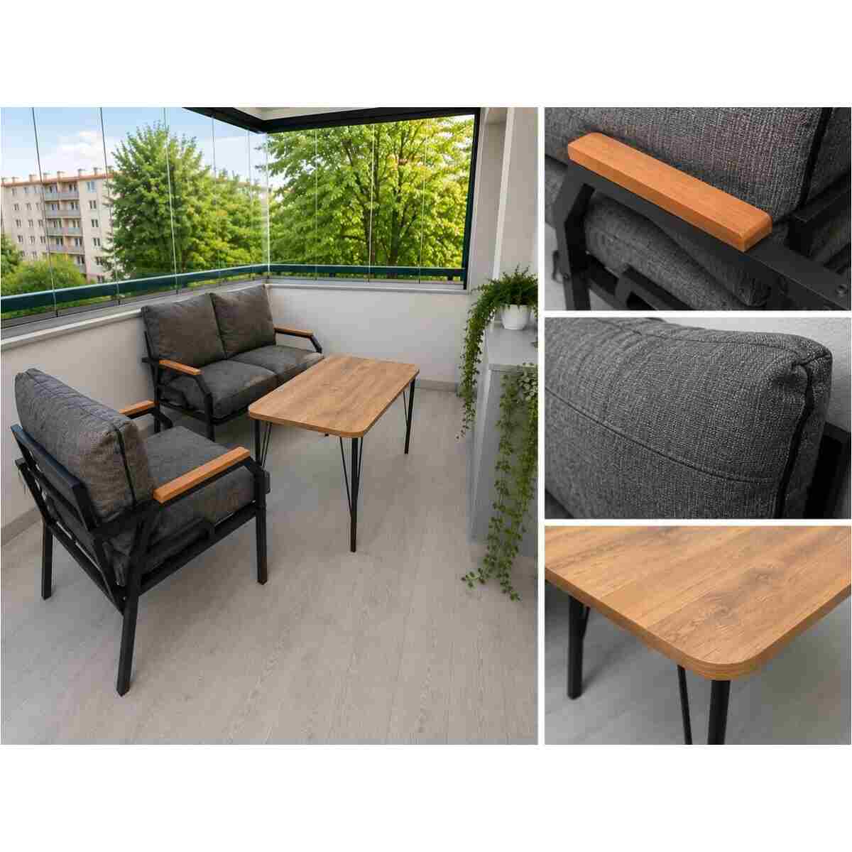 Dekoport Kutay Balkon Takımı, Bahçe Takımı, Çay Seti Koltuk Takımı, Metal Kanepe 2-1-1 50x80 Masalı Gri - Görsel 3