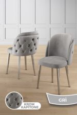 Canisa Zae Serisi 90x168 Lak Panel Beyaz Mermer Desen Krom Ayak Masa Takımı 6 Gri Sandalye - Görsel 2