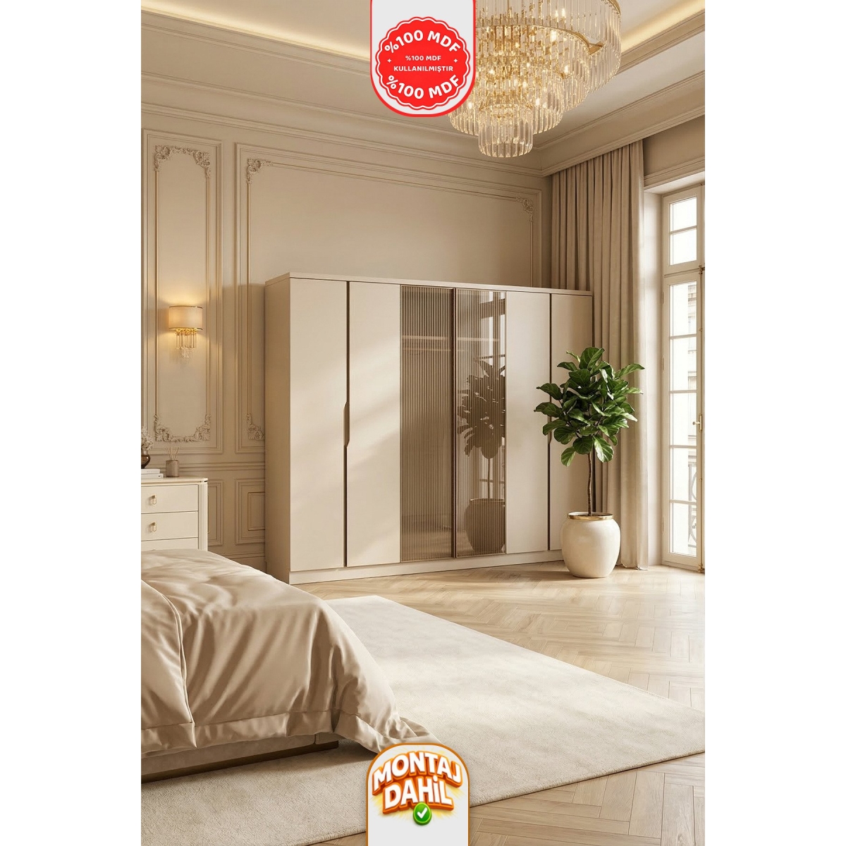 İMBAŞ Çeşme Vizon 6 Kapaklı Gardırop %100 MDF - Görsel 2