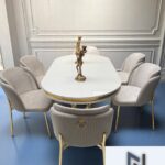 NUNKA HOME Arya Gold Line Krem Serisi +6 Sandalyeli Mdf Lak Panel Beyaz Masa Takımı