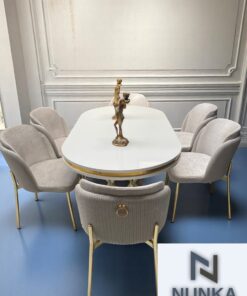 NUNKA HOME Arya Gold Line Krem Serisi +6 Sandalyeli Mdf Lak Panel Beyaz Masa Takımı