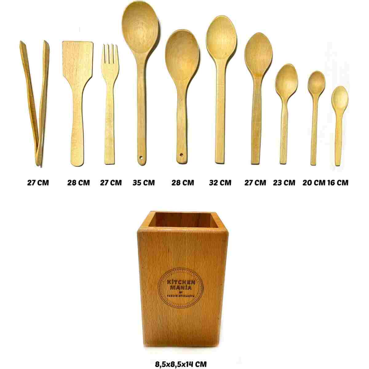 Kitchen Mania 11 Parça Yağlı Kayın Ahşap Kaşık Tahta Spatula Servis Kepçe Ağaç Çatal Maşa Seti-ahşap Standlı - Görsel 2