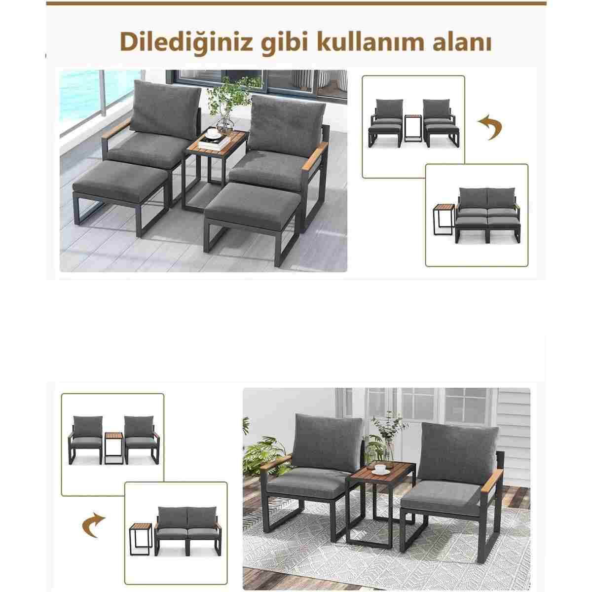 Kagu 5 Parça Metal Çerçeve Outdoor Multilounge Bahçe Balkon Mobilya,Uzanma - Görsel 7