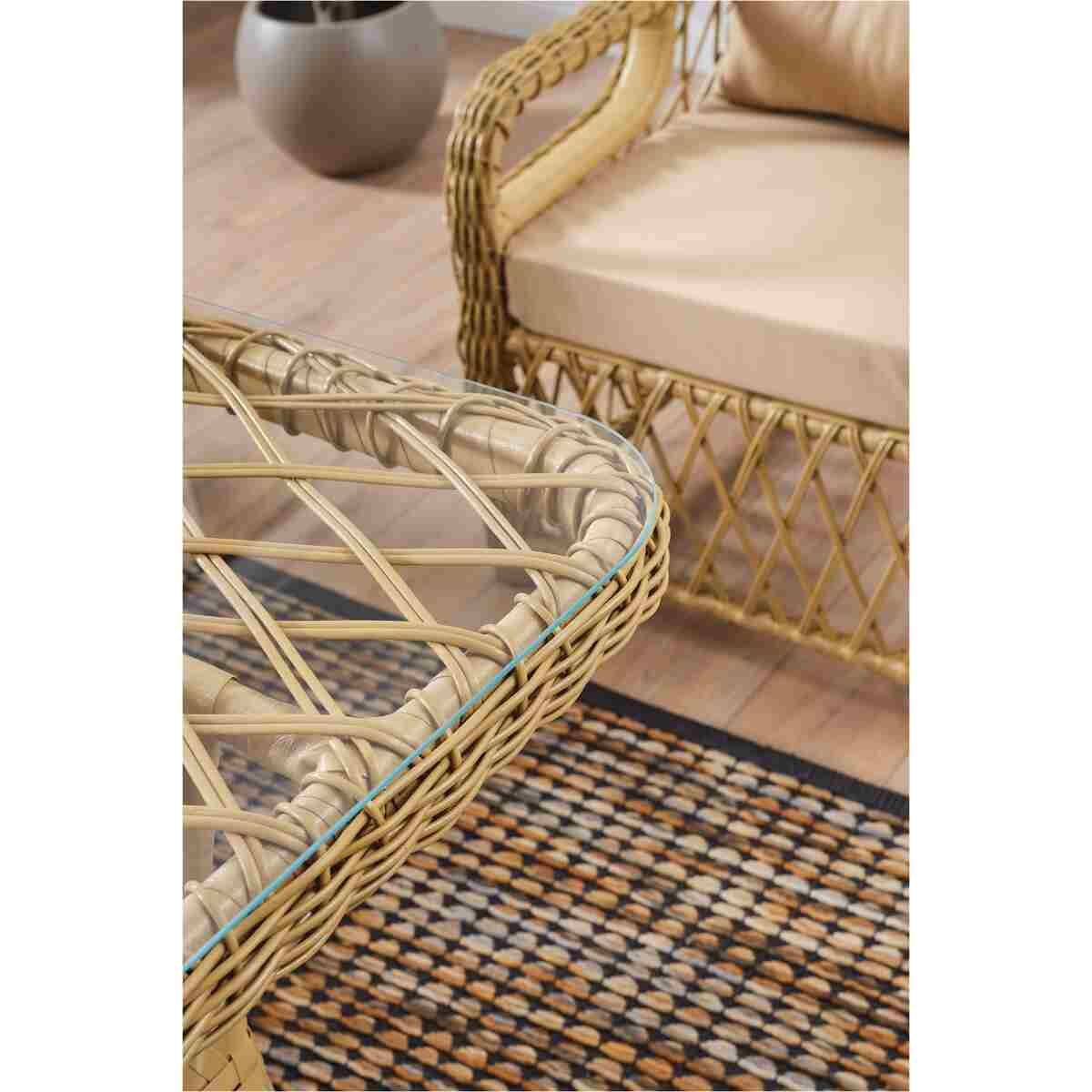 Evdemo Edra Rattan Puflu Bahçe Balkon Takımı 3+1+1+Camlı Masa Cappuccino - Görsel 7