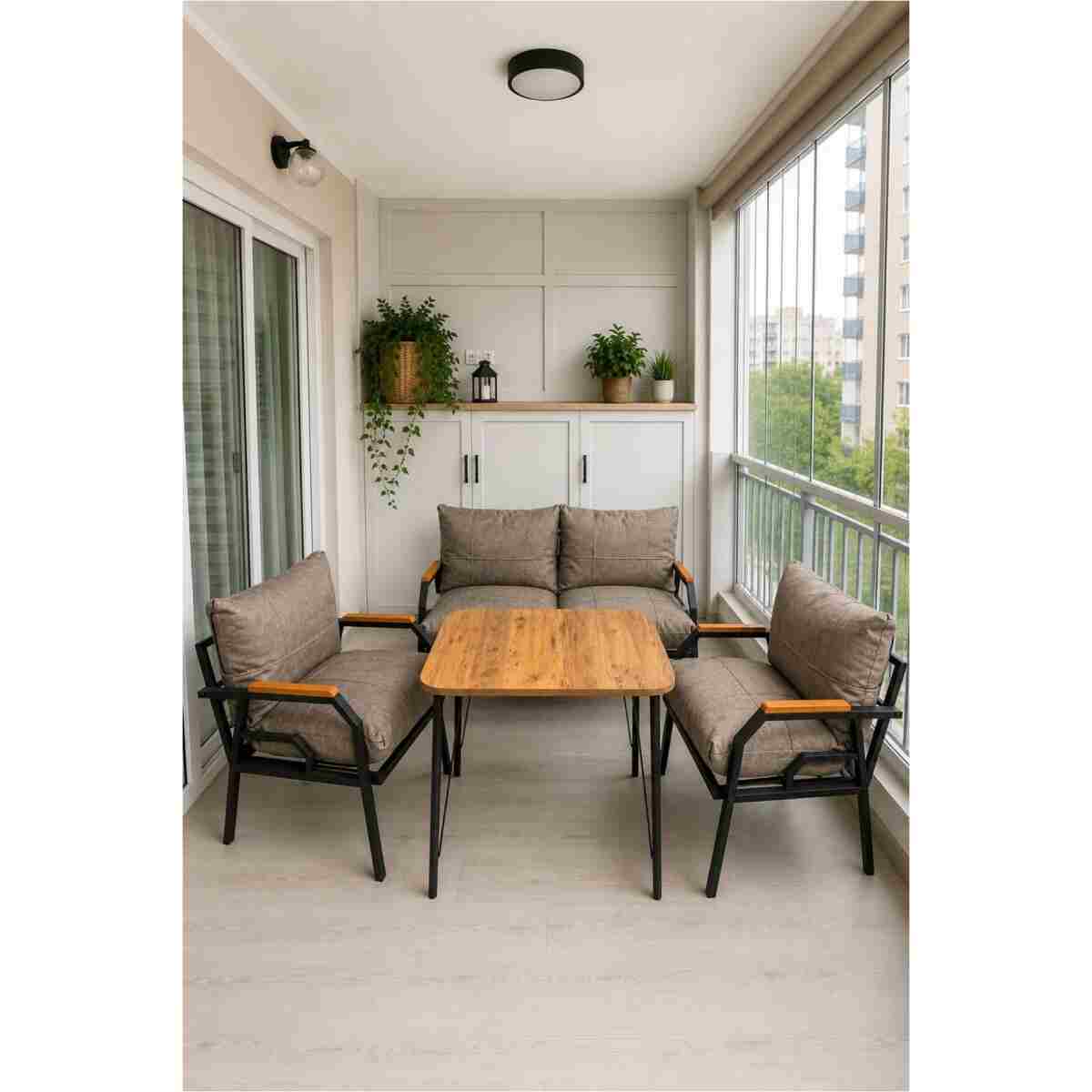 Dekoport Kutay Balkon Takımı, Bahçe Takımı, Çay Seti Koltuk Takımı, Metal Kanepe 2-1-1 50x80 Masalı Krem - Görsel 5