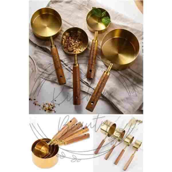 Kitchen Beauty 4 Adet Büyük Boy Paslanmaz Çelik Ahşap Saplı Ölçü Kaşığı Seti Ölçü Kabı 60ml 80ml 125ml 250ml
