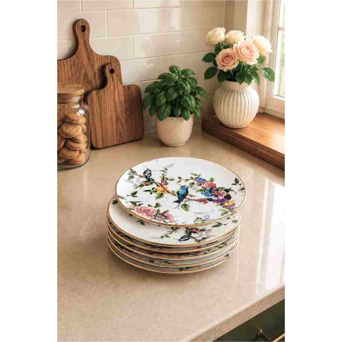 Pinkev Flora 21 Parça 12 Kişilik Seramik Kahvaltı Pasta Sunum Tabağı Takımı Seti - Kup124f - Görsel 6
