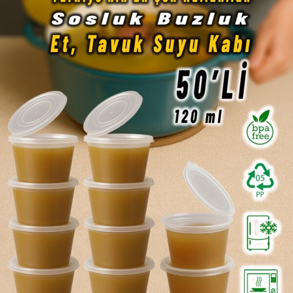 Ezupack 50 Adet Sızdırmaz 120 ml Mini Saklama Kabı Sosluk Buzluk Kabı, Et Suyu, Kemik Suyu, Sos Kabı Mutfak
