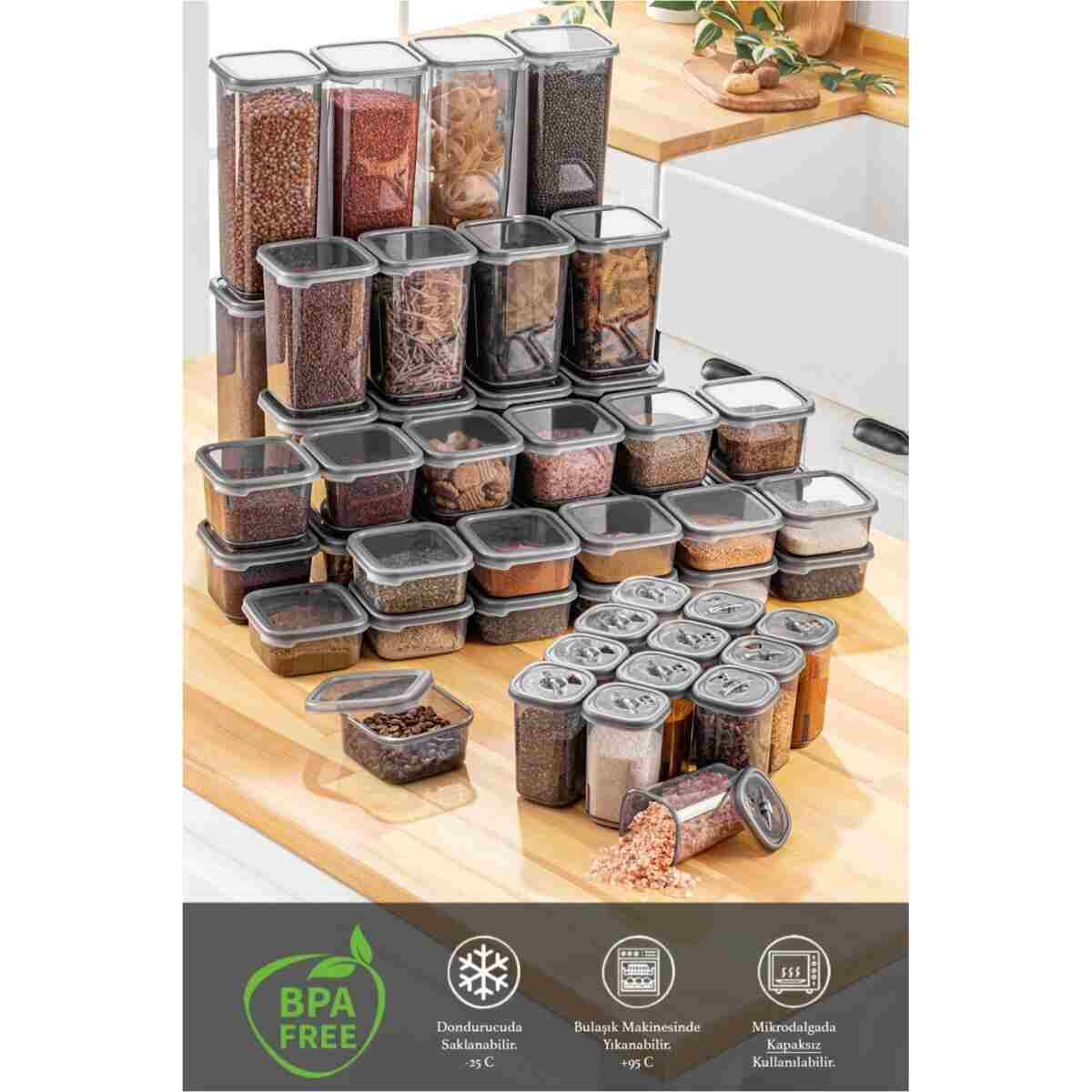 Meleni Home 52 Parça Mega Seti Kare Erzak Ve Bakliyat Saklama Kabı Baharatlık 12x(300ML 500ML) 8x(1100ML 1700ML) - Görsel 8