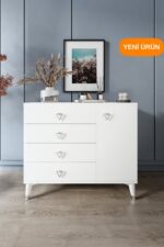 mapahomeliving Simple 4 Çekmeceli 1 Kapaklı Modern Şifonyer Beyaz Gümüş